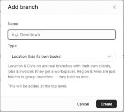 Add branch dialog with an empty Name field, Type set to Location (has its own books), a note explaining branch types and the text This will be added at the top level
