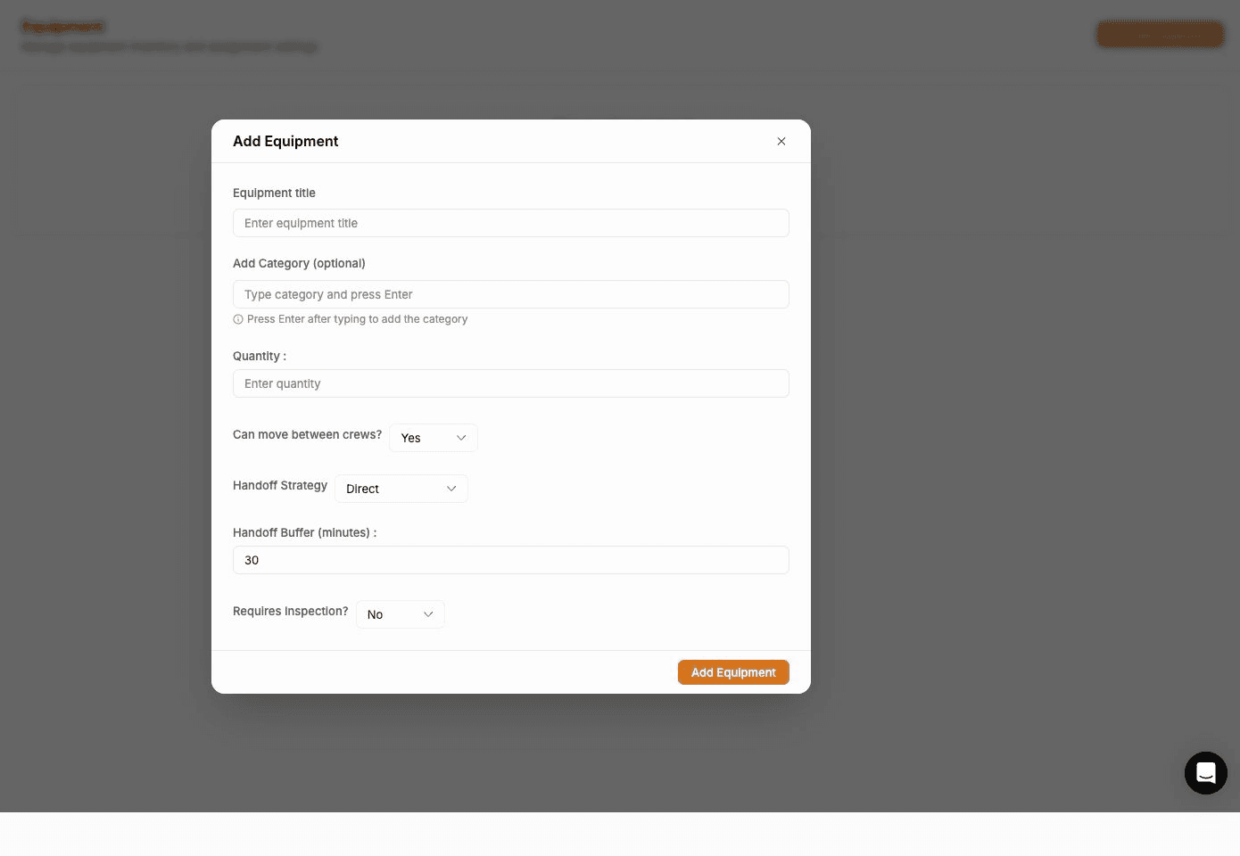FieldCamp Add Equipment form showing equipment title, category, quantity, transfer, handoff, and inspection fields