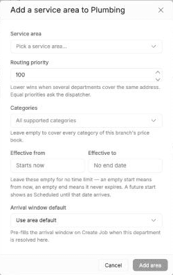 FieldCamp Add a service area to Plumbing dialog with Service area, Routing priority set to 100, Categories, Effective from and to dates, and Arrival window default