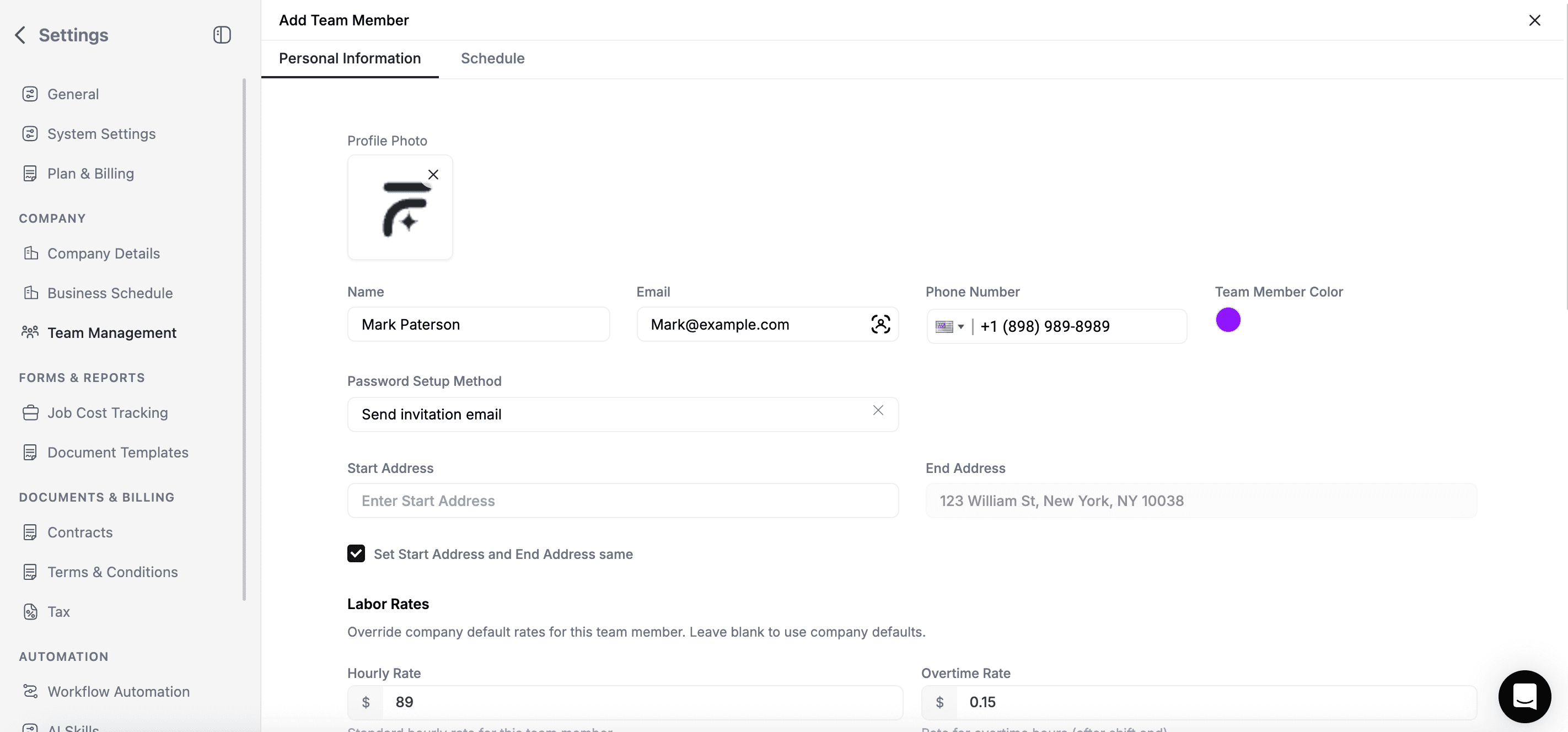 FieldCamp Add Team Member form with name and email fields and the role dropdown expanded showing Admin, Dispatcher, Field Technician Pro, and Lite options