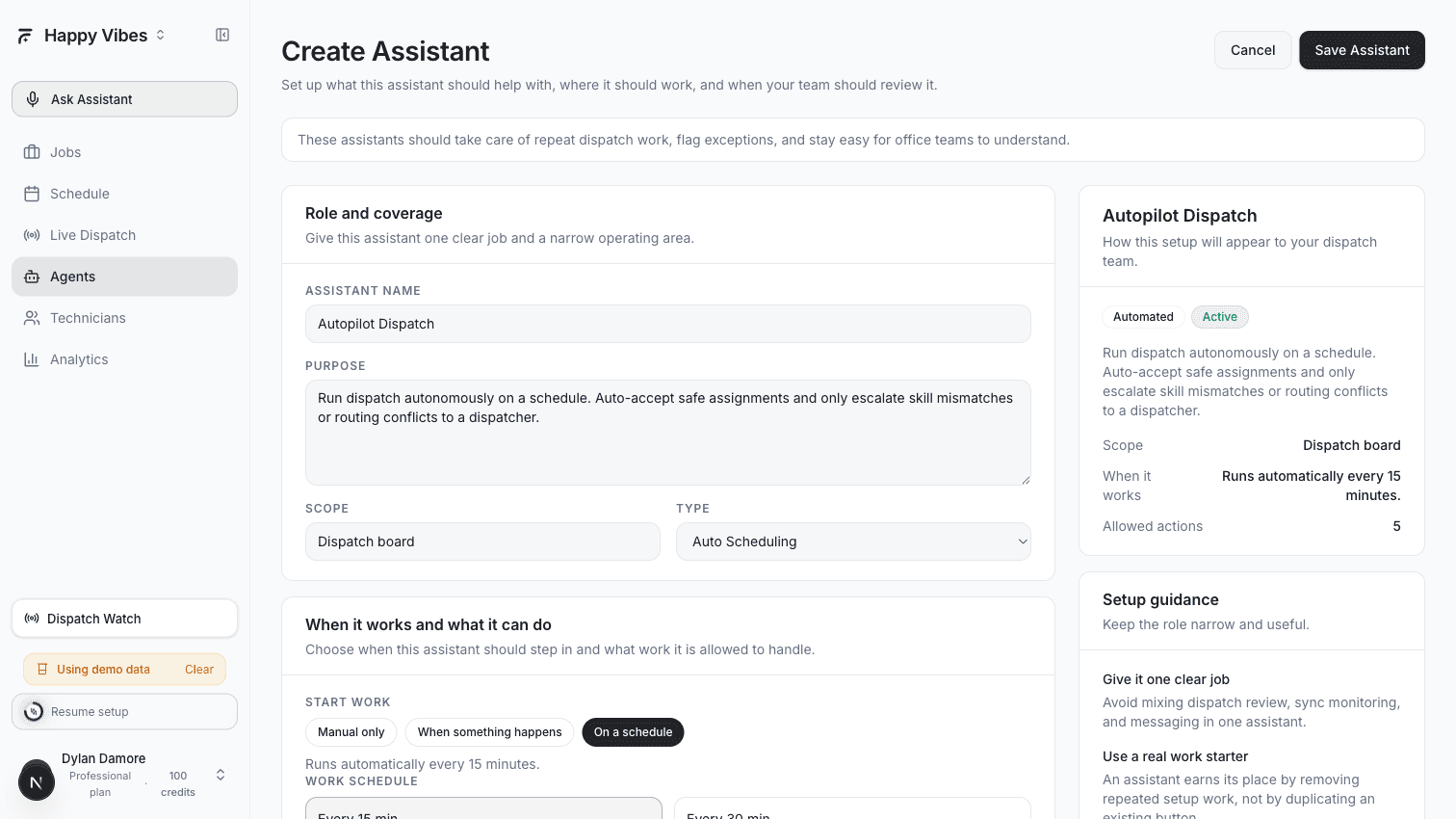 AI Dispatcher Autopilot agent configuration showing confidence threshold and auto-accept rules