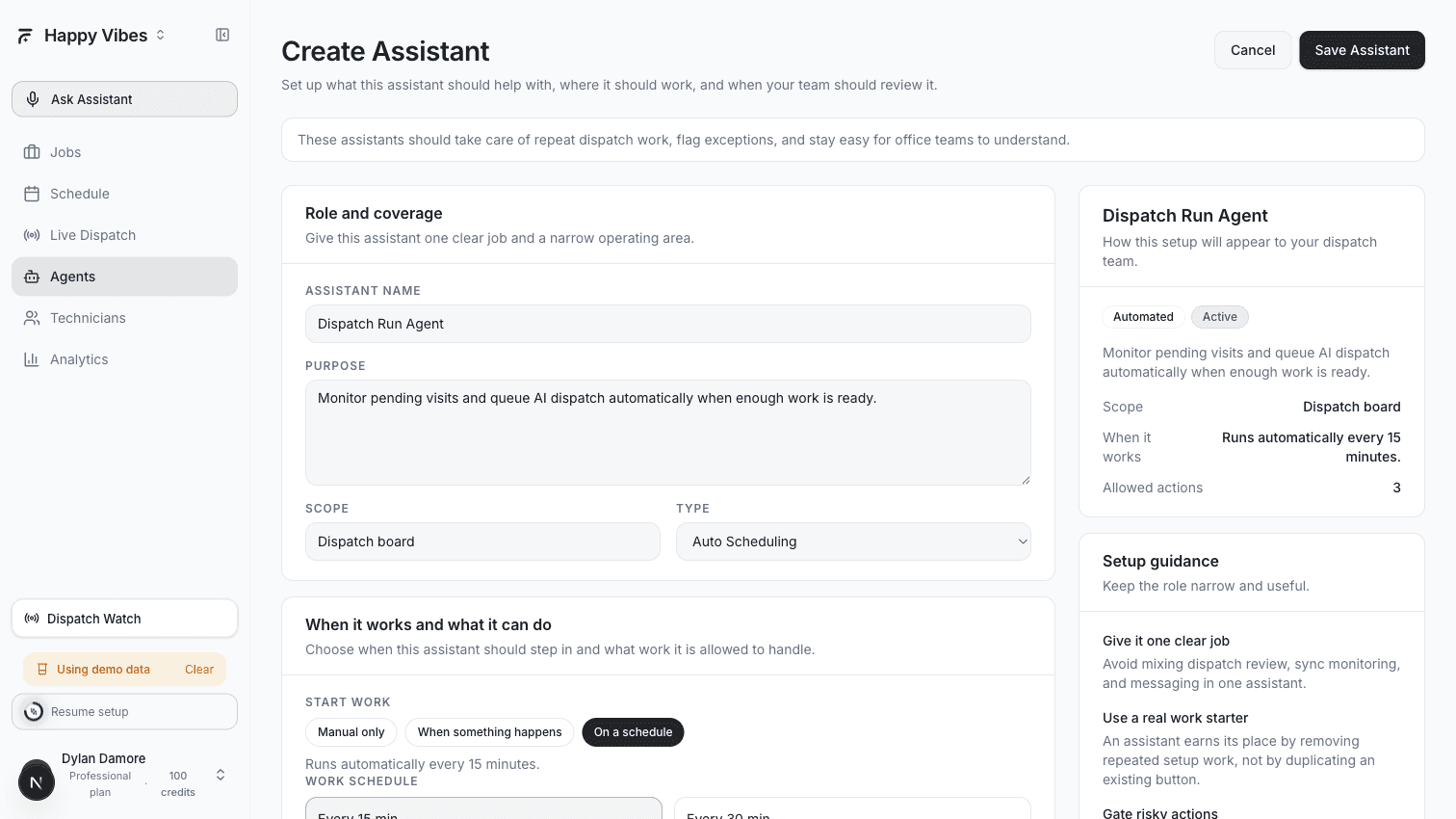 AI Dispatcher Dispatch Run agent configuration showing schedule and threshold settings