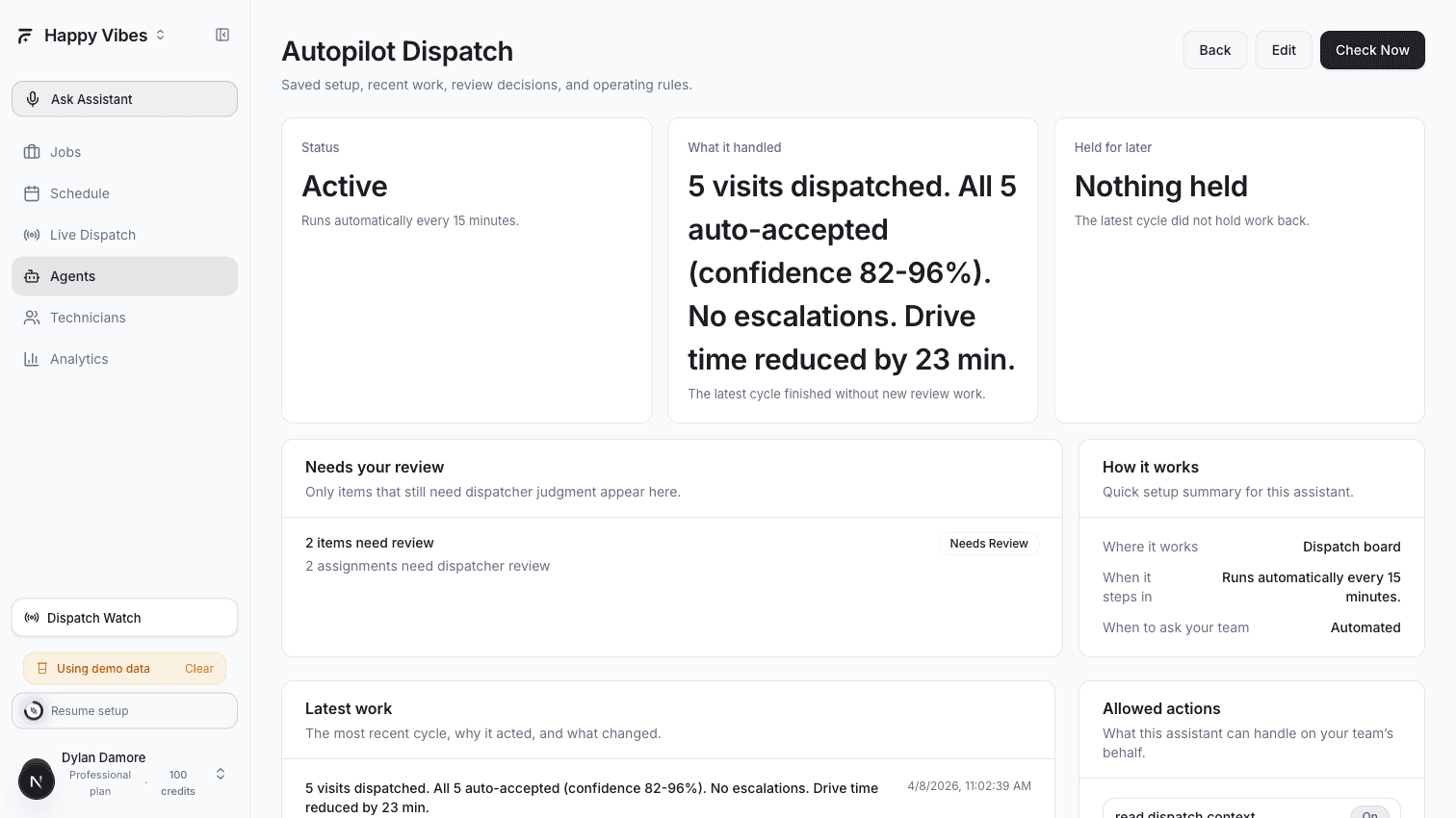 AI Dispatcher Autopilot detail page showing run results — 5 visits dispatched, all auto-accepted, 2 items needing review