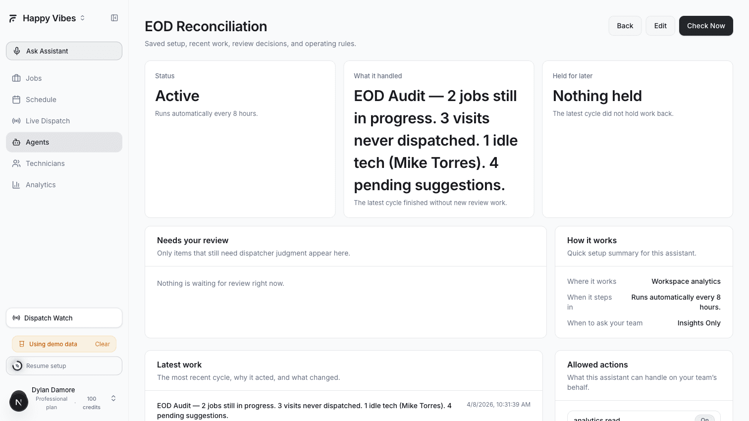 AI Dispatcher EOD Reconciliation agent detail page showing end-of-day audit results