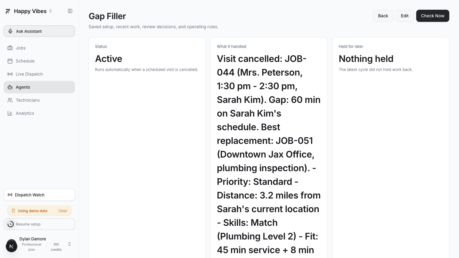 AI Dispatcher Gap Filler agent detail page showing cancelled visit replacement scoring