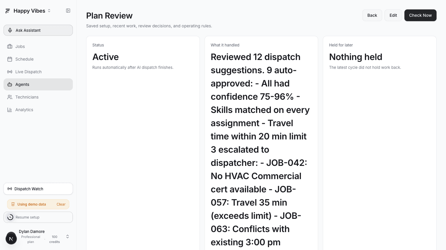 AI Dispatcher Plan Review agent detail page showing 12 suggestions reviewed — 9 auto-approved, 3 escalated