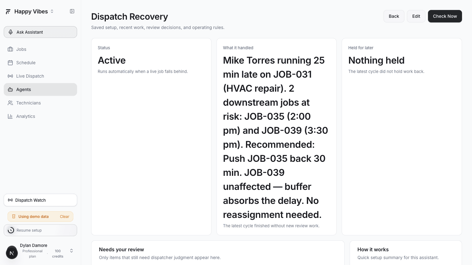 AI Dispatcher Dispatch Recovery agent detail page showing late job detection and recommended recovery action