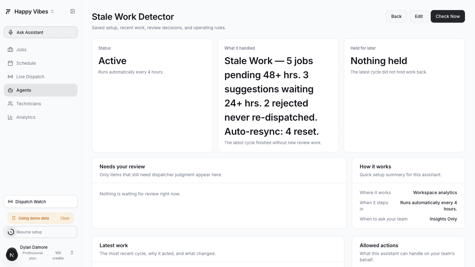 AI Dispatcher Stale Work Detector detail page showing 5 aged pending jobs, 3 stale suggestions, 2 rejected visits