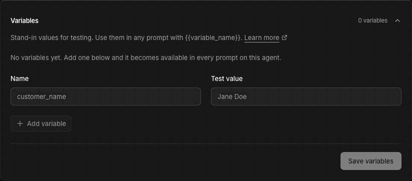 Variables section of Agent settings with the stand-in values description, the empty-state message, a Name field showing customer_name, a Test value field showing Jane Doe, an Add variable button and a Save variables button