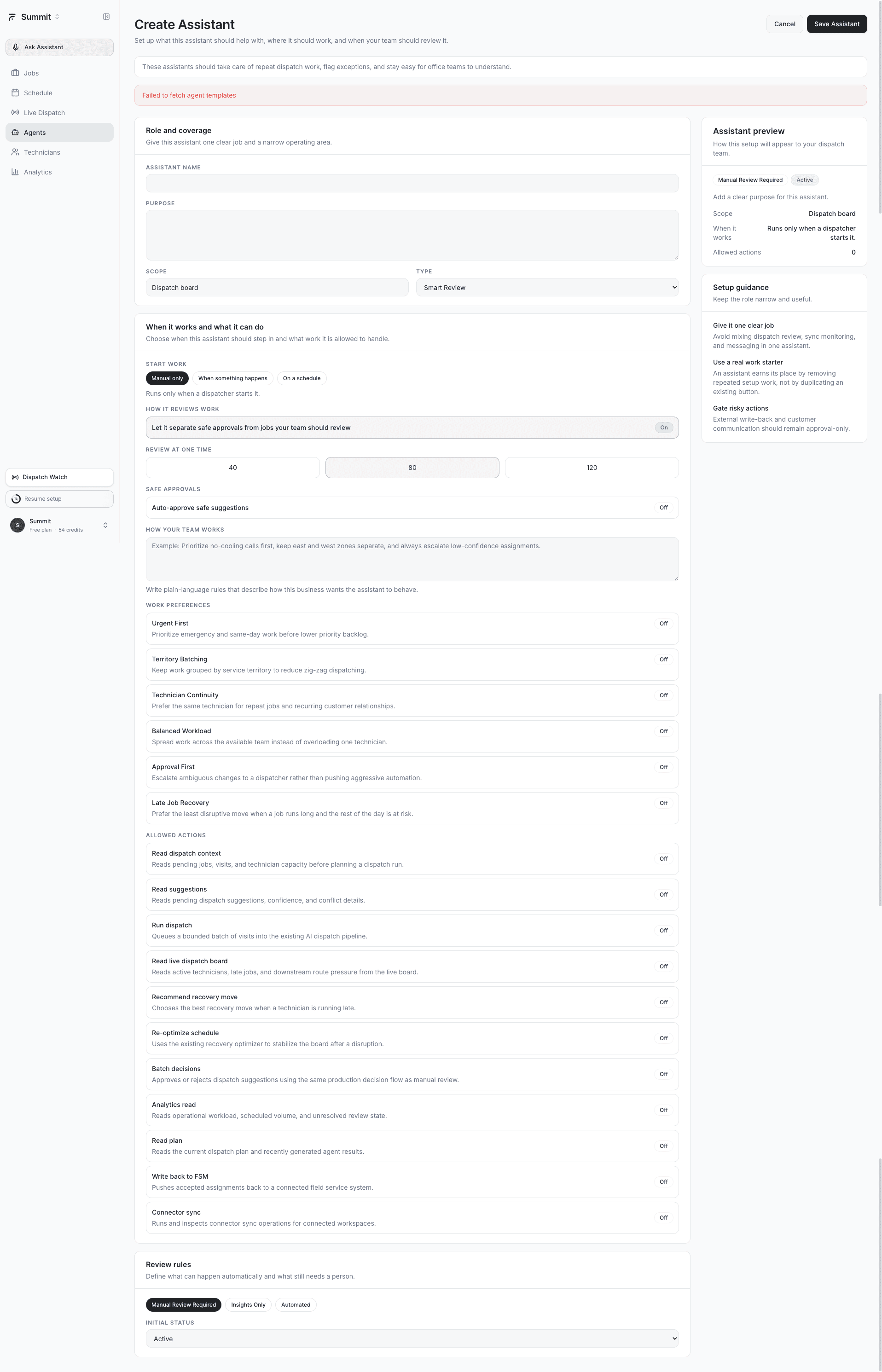 AI Dispatcher Create Assistant form with playbooks, review rules, and guardrail configuration