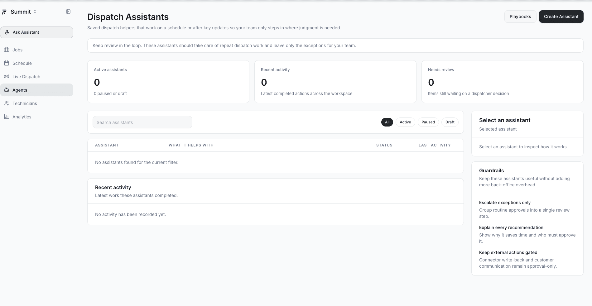 AI Dispatcher Dispatch Assistants page with stats and guardrails configuration
