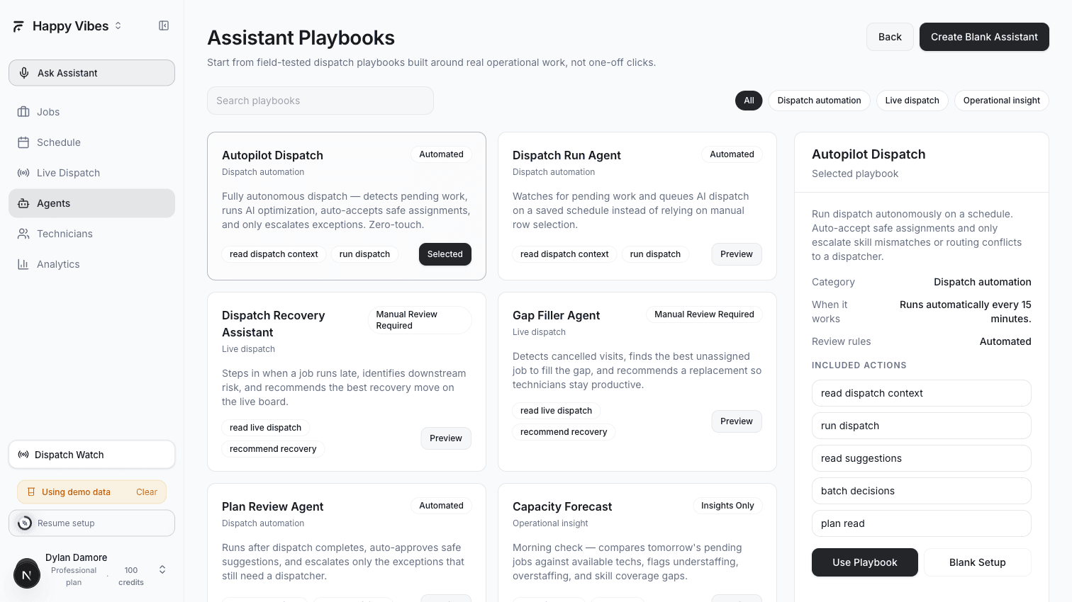 AI Dispatcher Playbooks page showing all agent cards with category filters