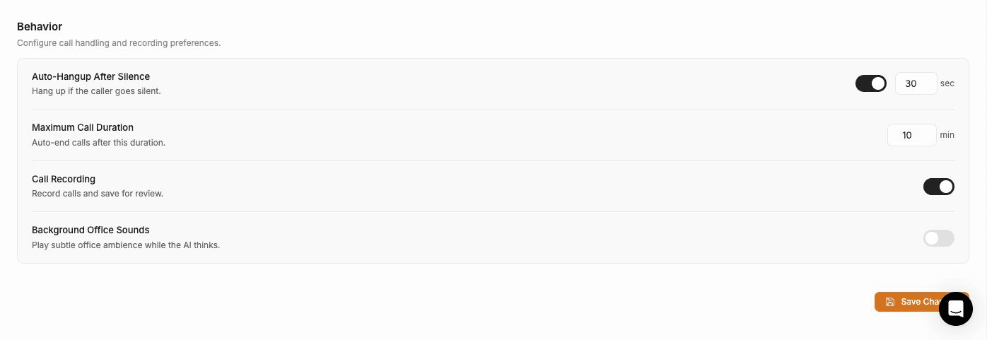 FieldCamp Receptionist Behavior settings showing silence timeout, maximum call duration, call recording, and background office sound controls