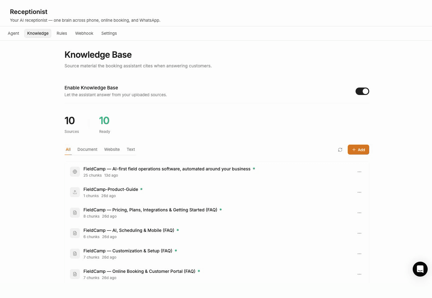 FieldCamp Receptionist Knowledge tab showing enabled sources and controls for adding documents, websites, or text