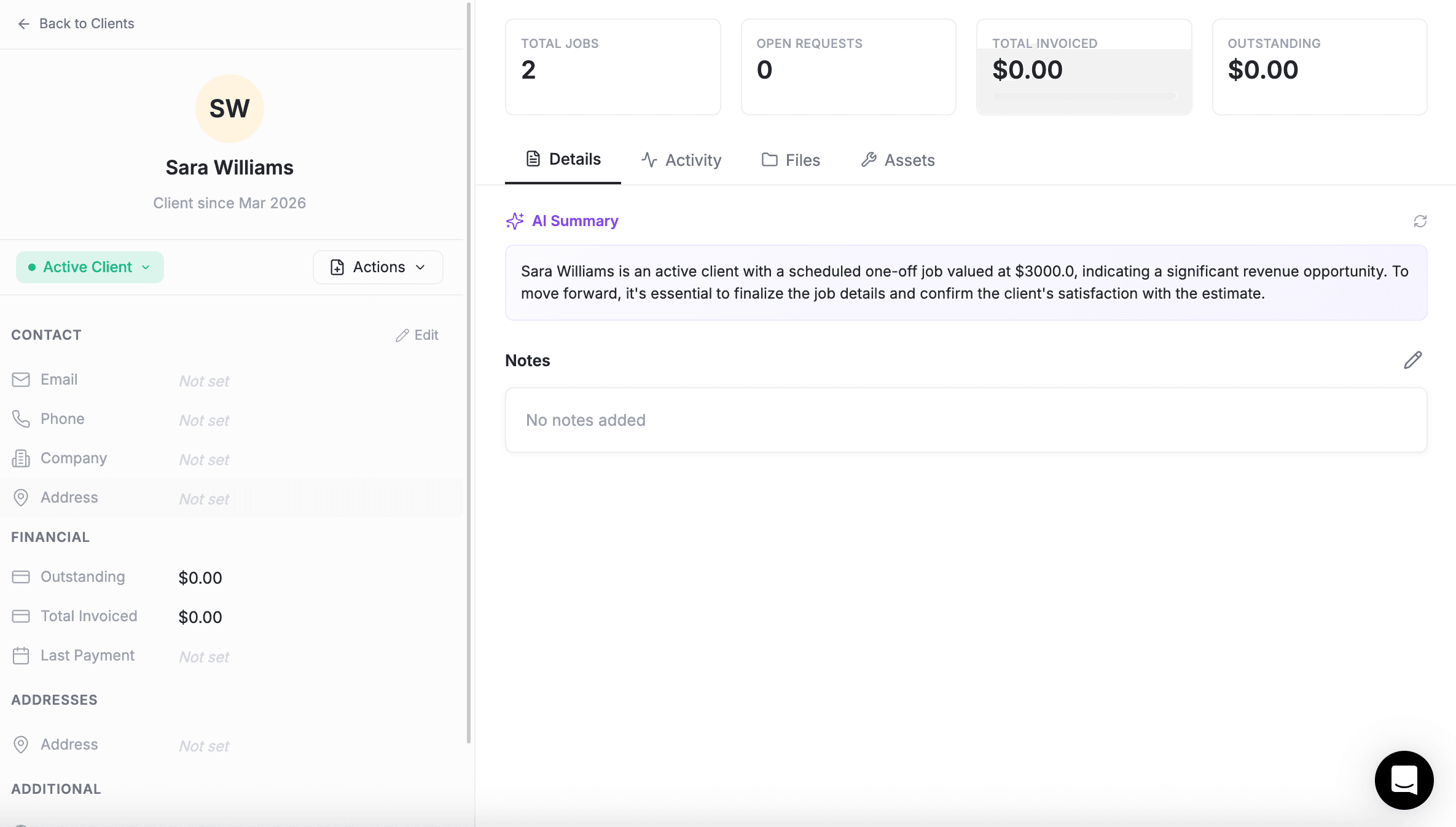 FieldCamp AI Summary card on a client record showing a purple sparkles icon, summary text, and refresh button on the right side