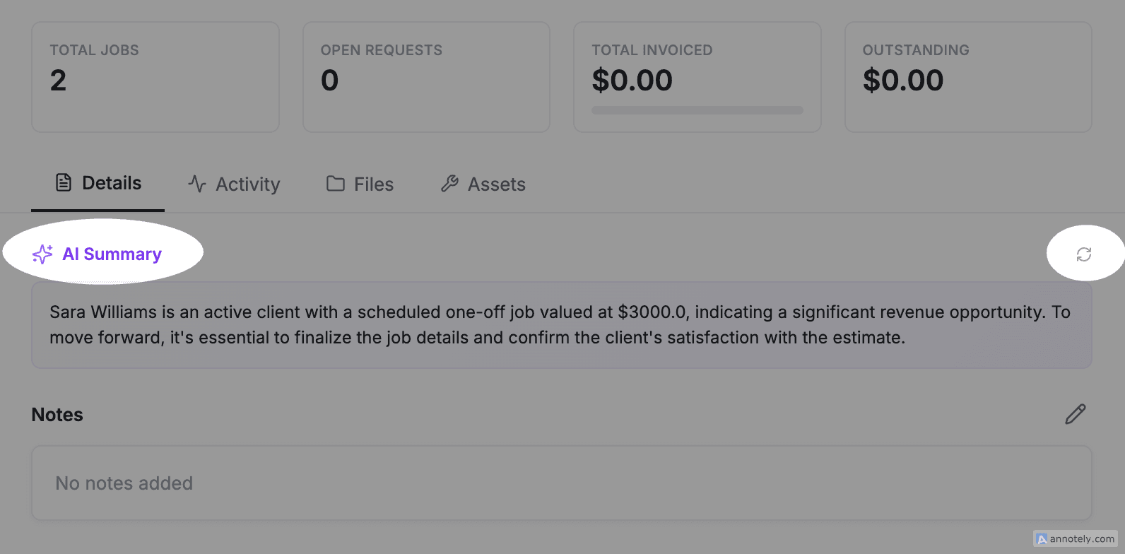 Clicking the refresh button on FieldCamp AI Summary card to regenerate a new summary with spinning animation