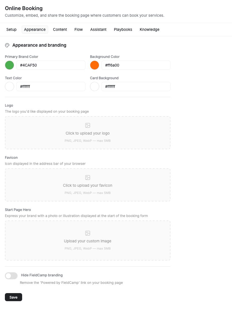 FieldCamp Online Booking Appearance tab showing Primary Brand Color, Background Color, Text Color, and Card Background hex pickers, logo upload, favicon upload, Start Page Hero upload, and Hide FieldCamp branding toggle