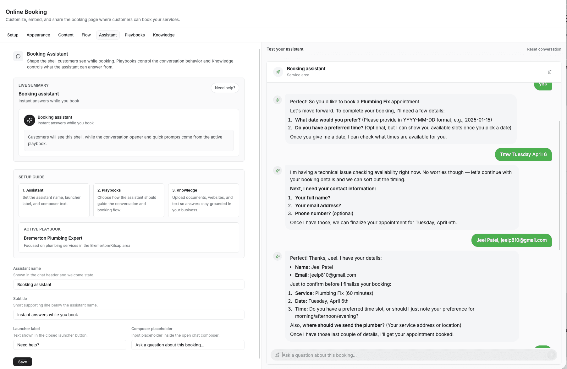 FieldCamp Online Booking Assistant tab showing Live Summary with assistant name, subtitle, launcher label, composer placeholder, and active playbook on the left, Setup Guide steps, and live chat test preview with AI booking conversation on the right