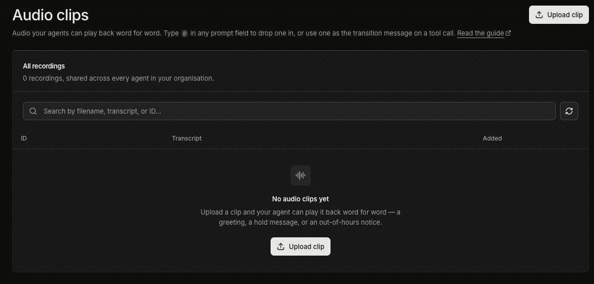 Audio clips page in FieldCamp Voice with the Upload clip button, an All recordings section showing 0 recordings shared across every agent in your organisation, a search box, ID, Transcript and Added columns, and the No audio clips yet empty state