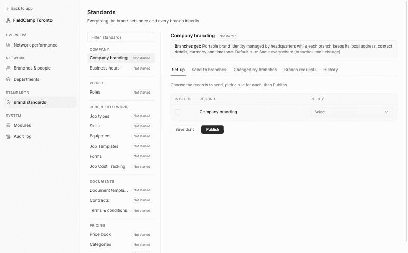 FieldCamp franchise Standards page with the grouped list of standards on the left and Company branding open on the Set up tab