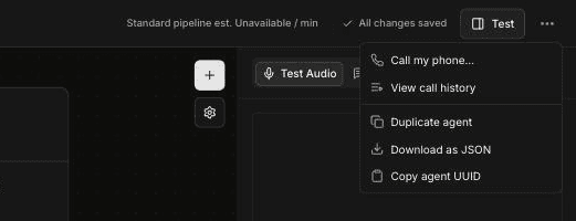 Builder more menu with Call my phone, View call history, Duplicate agent, Download as JSON and Copy agent UUID options