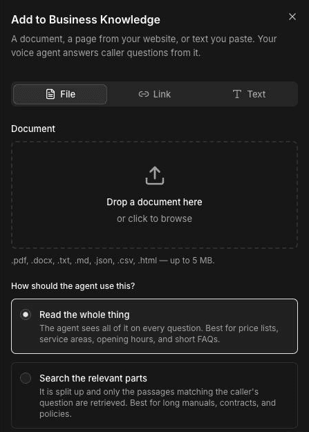 Add to Business Knowledge panel with the File tab selected, a Document drop area reading Drop a document here or click to browse, the accepted formats .pdf, .docx, .txt, .md, .json, .csv and .html up to 5 MB, and the How should the agent use this? options Read the whole thing and Search the relevant parts