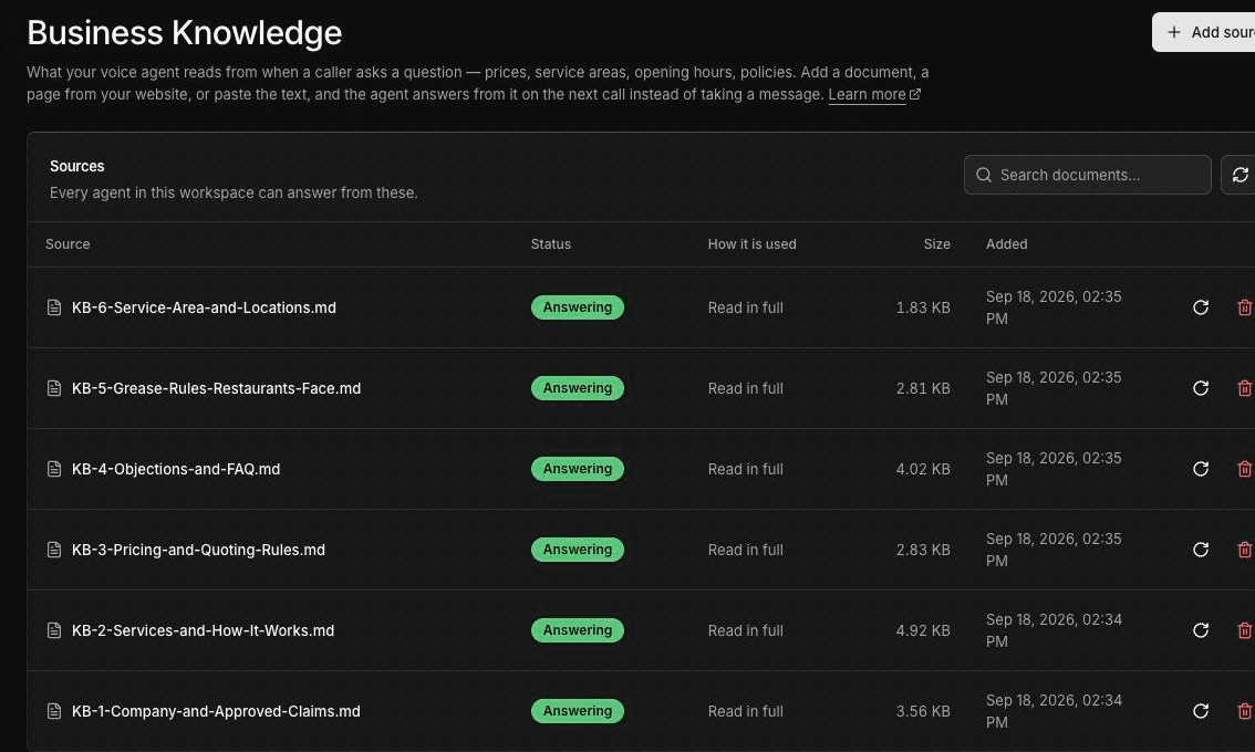 Business Knowledge page in FieldCamp Voice listing six Markdown sources, including service areas, grease rules for restaurants, pricing and quoting rules, and FAQs, each with the Answering status, Read in full, its size, the date added, and refresh and delete icons