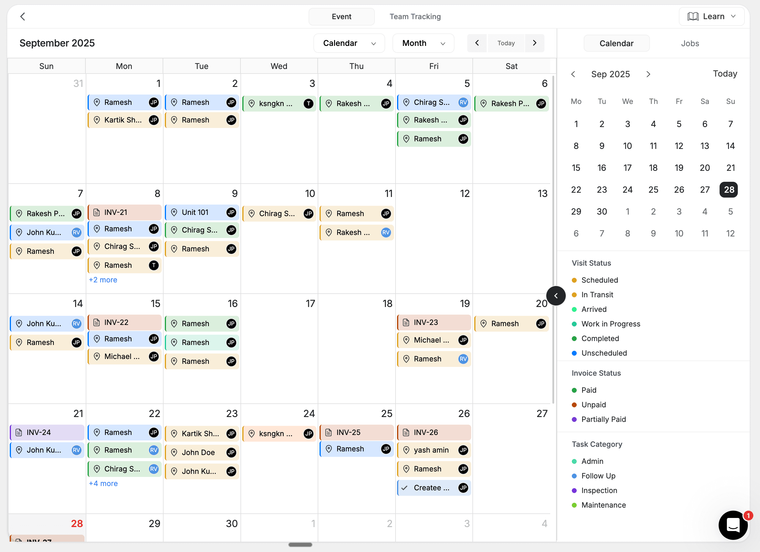 FieldCamp Calendar month view with scheduled visit cards