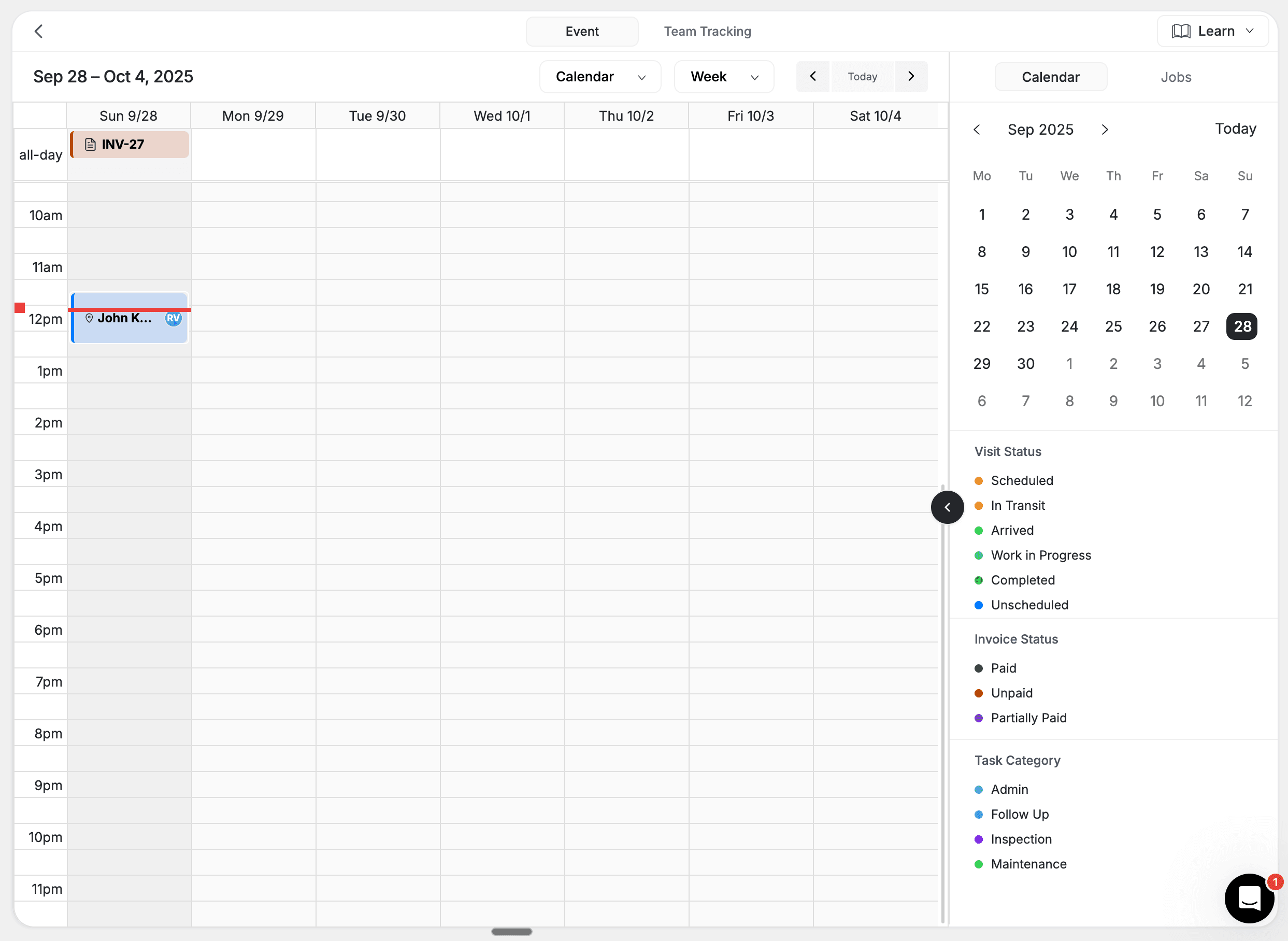 FieldCamp Calendar week view with scheduled visits