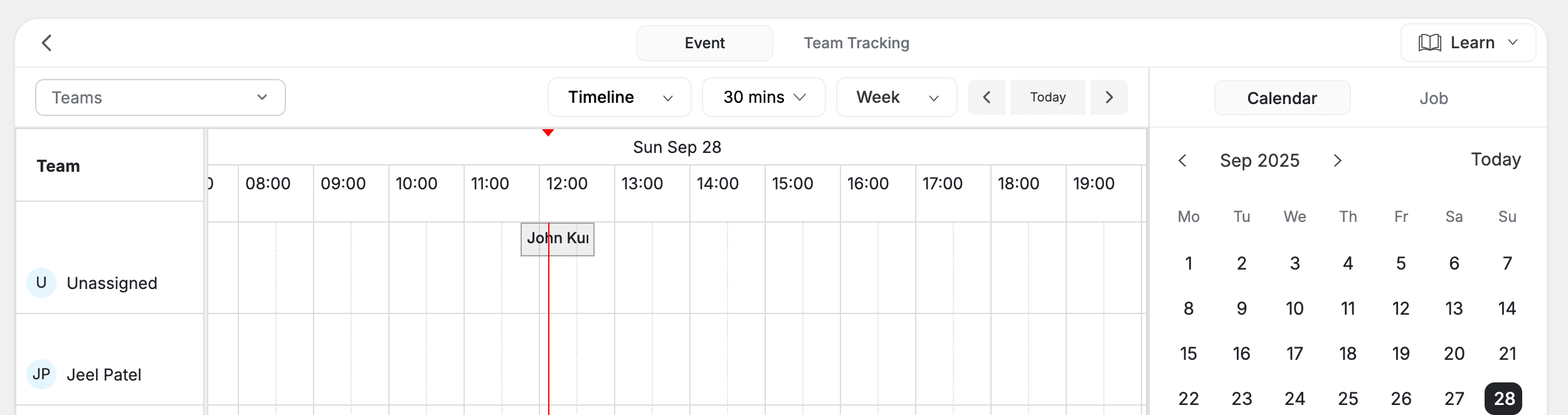 FieldCamp Timeline view with technician rows and visit blocks