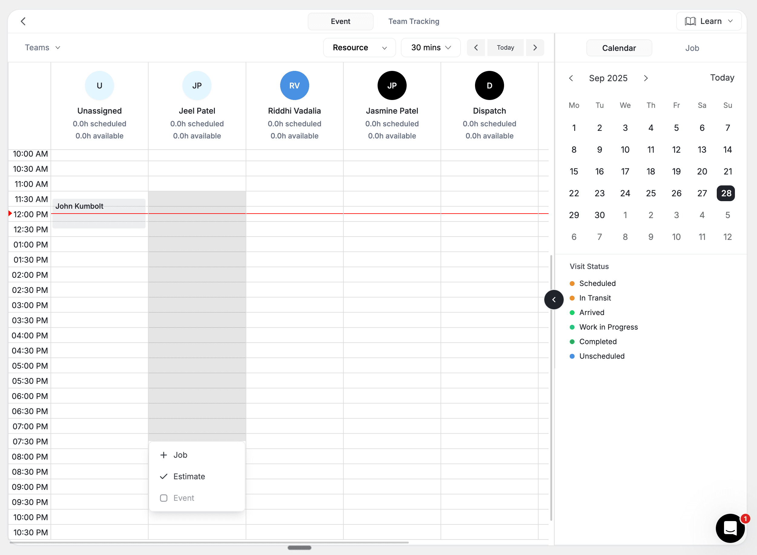 FieldCamp Resource view comparing technician schedules