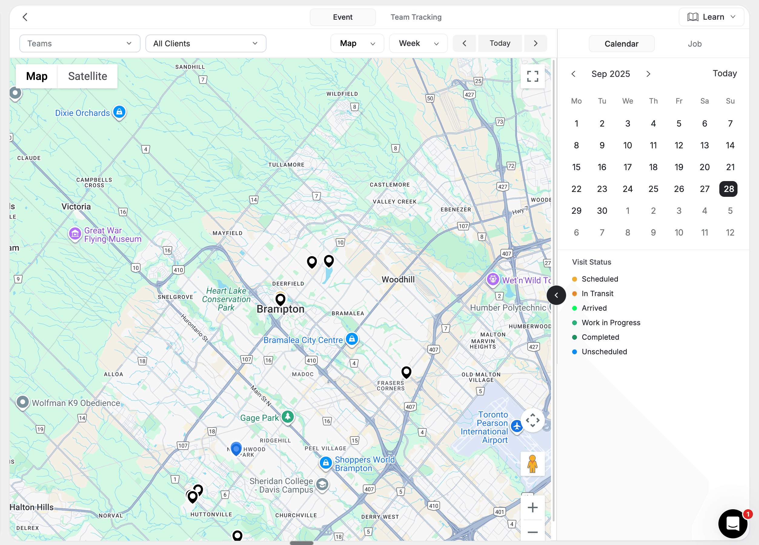 FieldCamp Map view with scheduled visit locations
