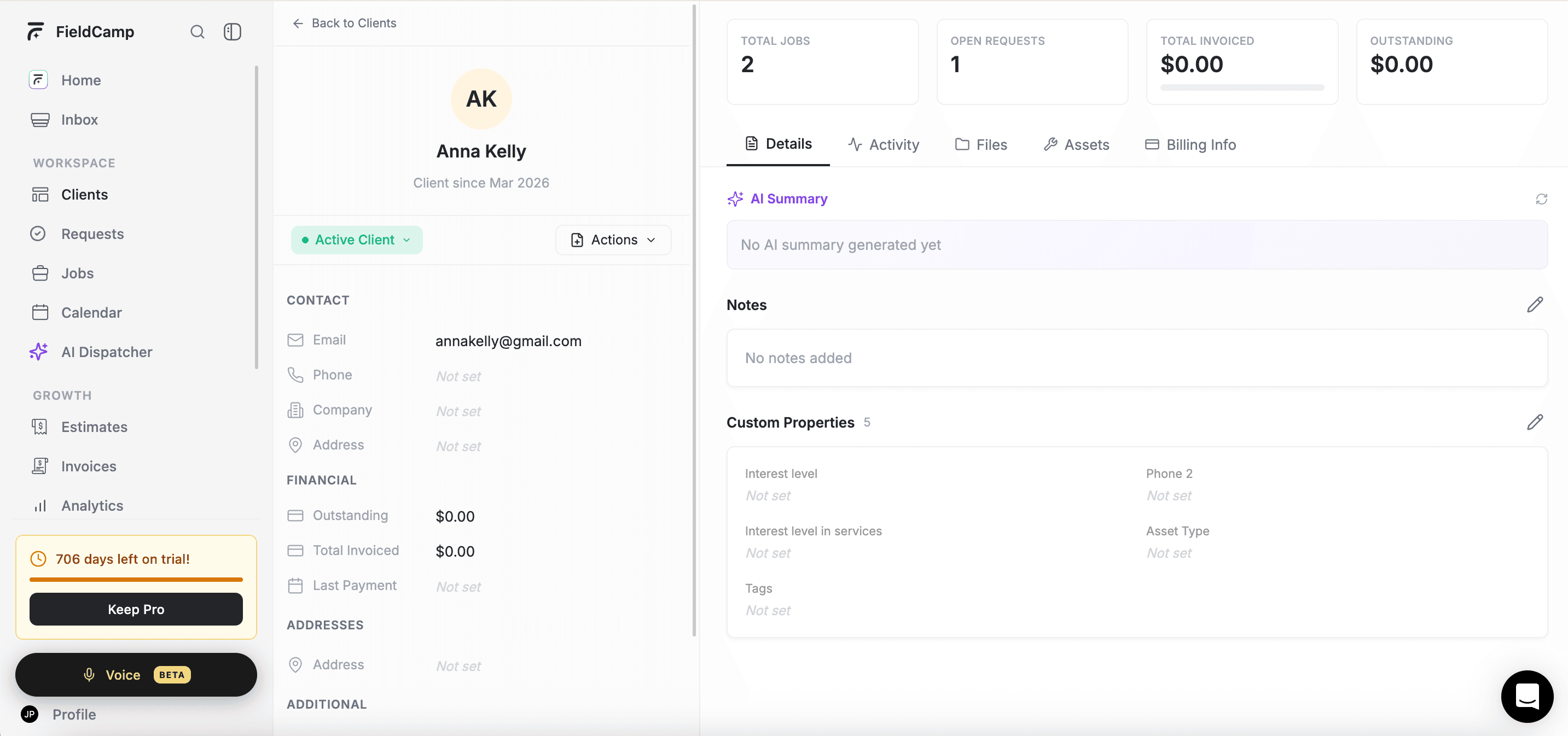FieldCamp client detail page showing the client sidebar, overview widgets, and tab row