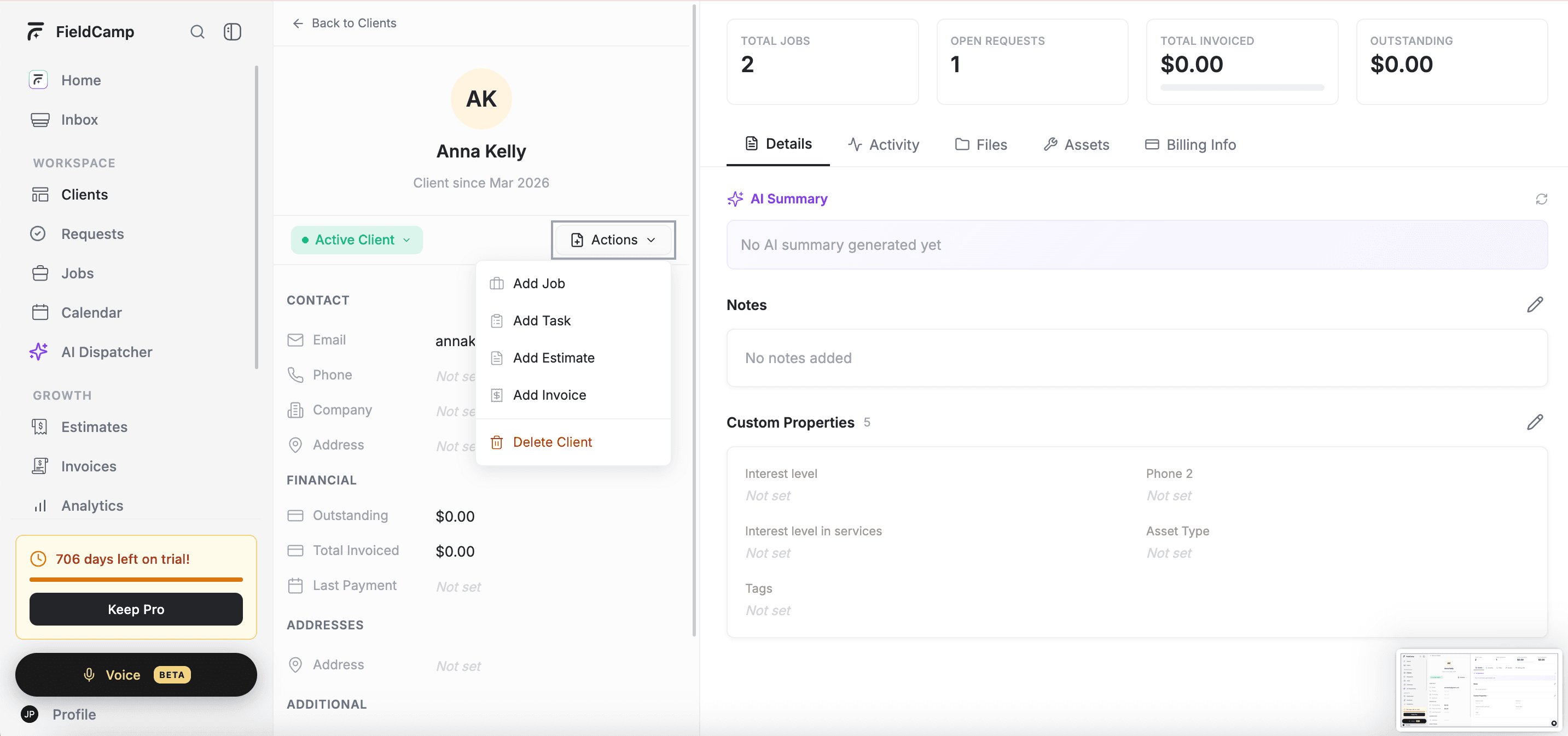 FieldCamp Actions dropdown open showing Add Job, Add Task, Add Estimate, Add Invoice, Call, SMS, and Delete Client options
