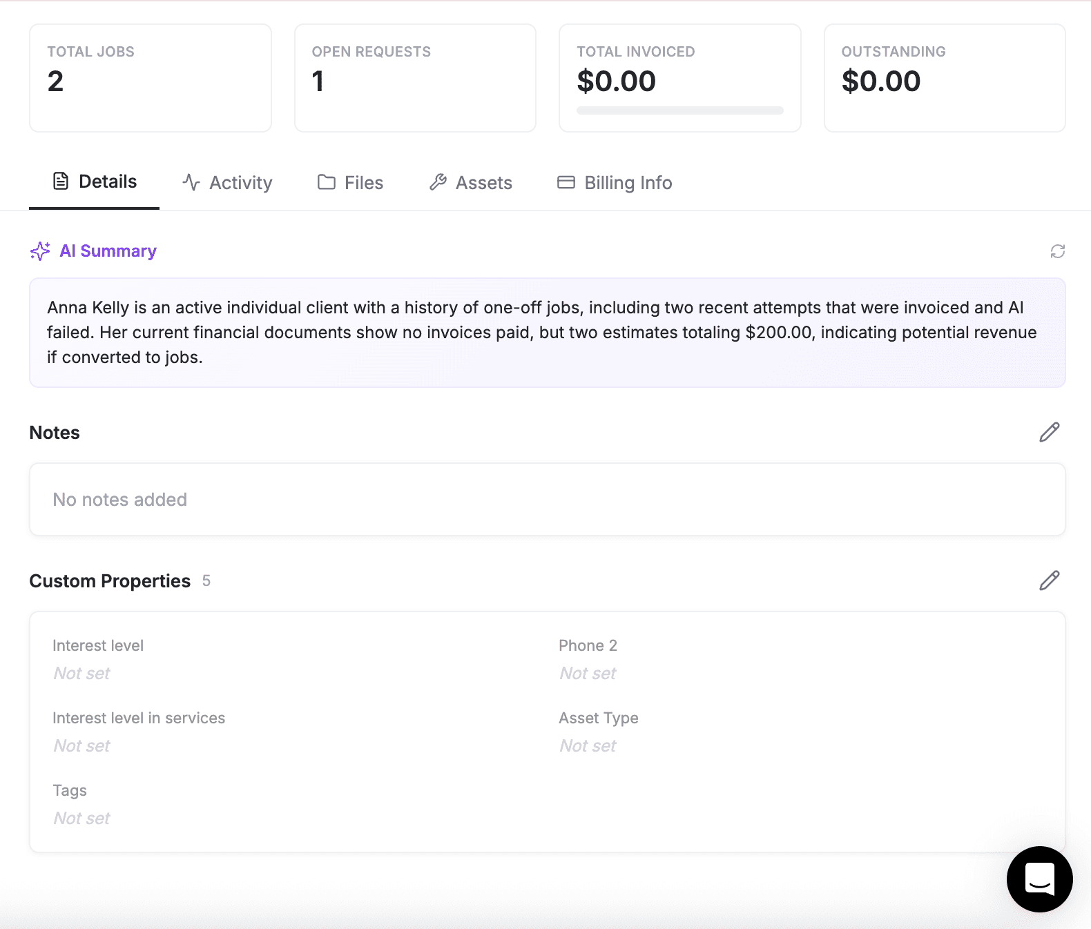 FieldCamp client detail page showing the AI Summary card with generated summary text