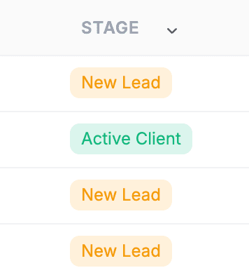 FieldCamp client detail modal with Stage dropdown open showing available stages with color-coded badges