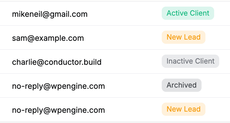 FieldCamp client list showing email addresses with stage badges including Active Client, New Lead, Inactive Client, and Archived