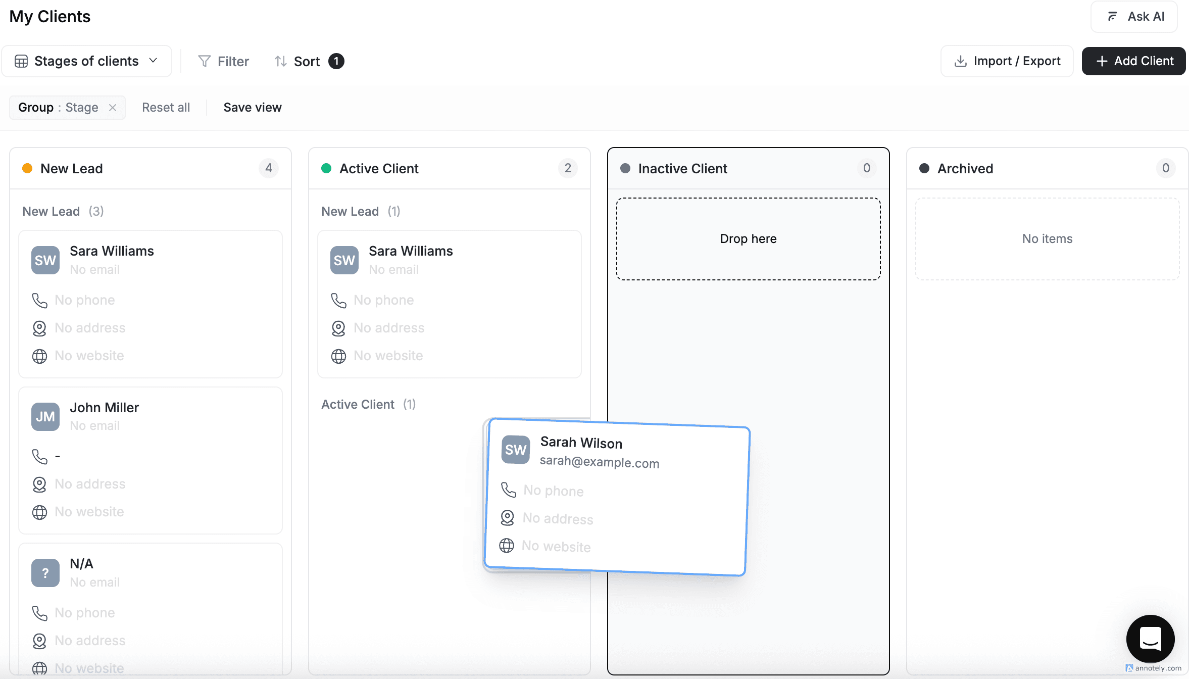 FieldCamp client detail showing Kanban view with client drag and dropped from active client to inactive client