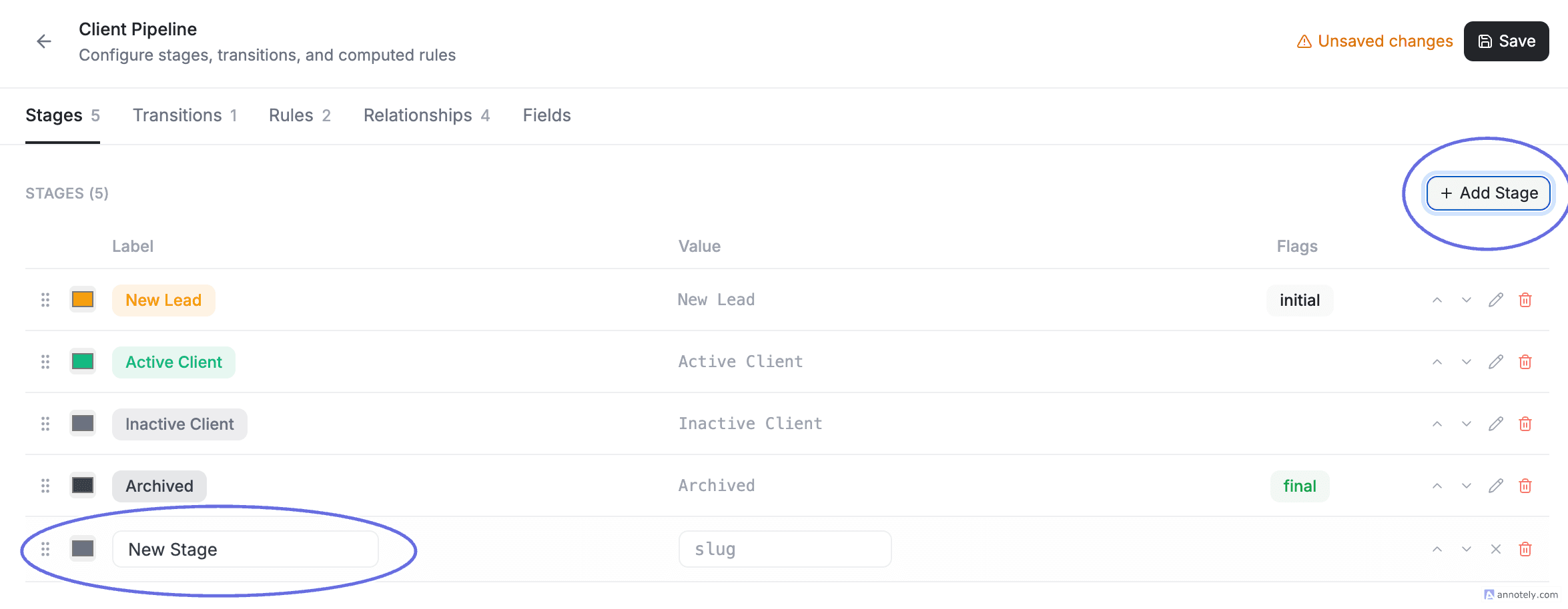 FieldCamp Pipeline Configuration page showing client stages with color pickers, labels, reorder handles, and delete buttons