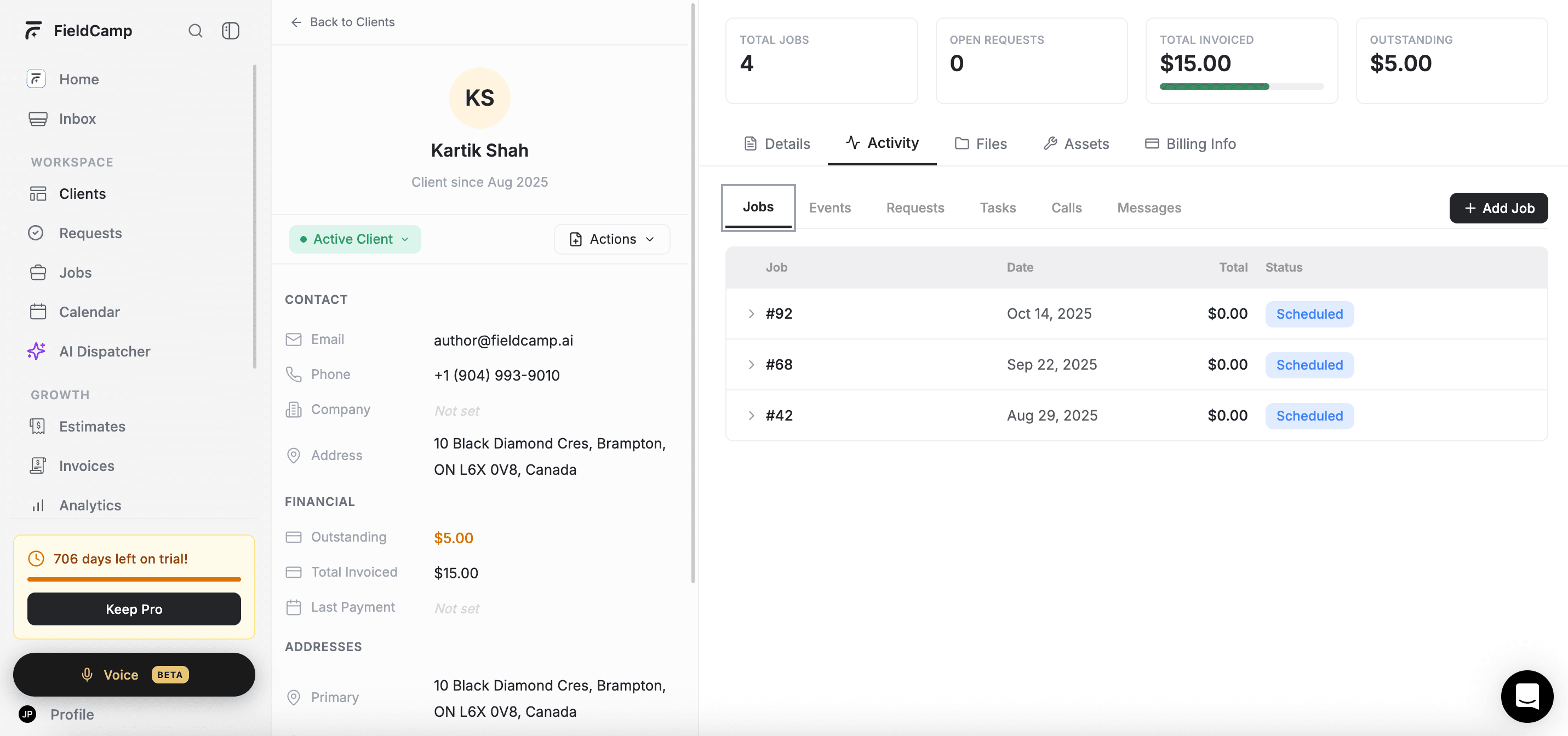 FieldCamp client Activity tab showing Jobs, Events, Requests, Tasks, Calls, and Messages sub-tabs