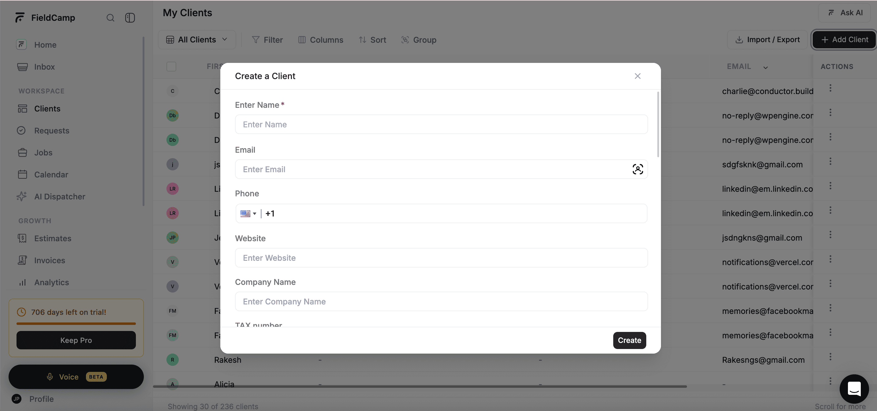 FieldCamp Create a Client form showing name, email, phone, website, and company name fields