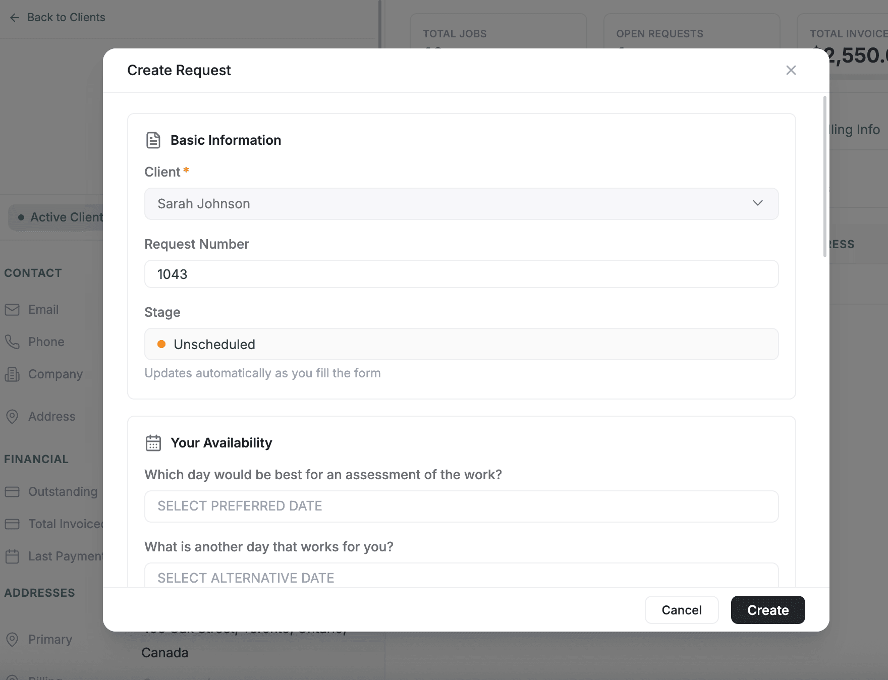 FieldCamp Create Request modal showing Basic Information fields with client pre-filled as Sarah Johnson and Your Availability section for preferred and alternative dates