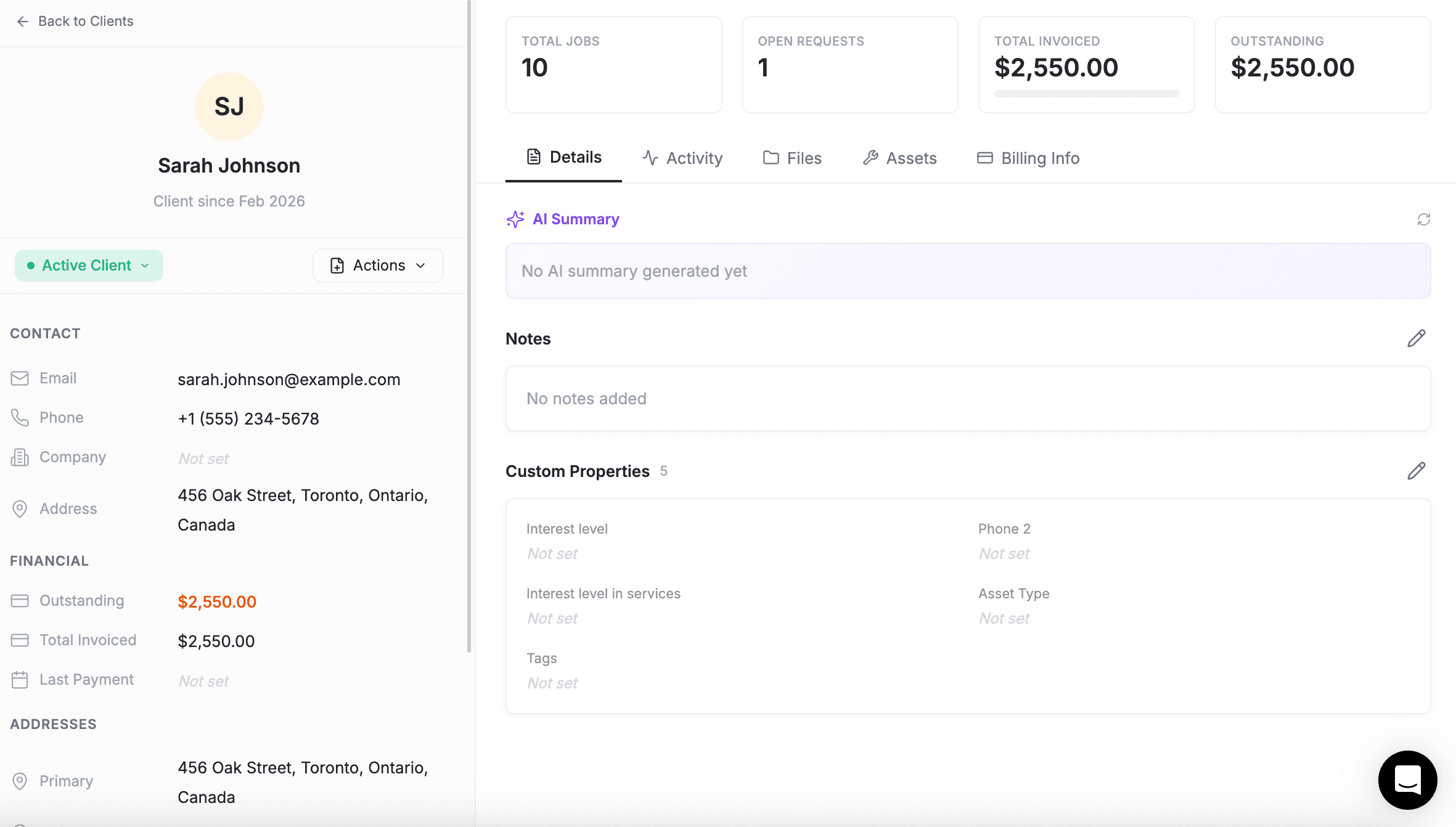 FieldCamp client detail page for Sarah Johnson showing sidebar with contact and financial info, overview widgets for Total Jobs, Open Requests, Total Invoiced, and Outstanding, and the Details tab with AI Summary and Custom Properties