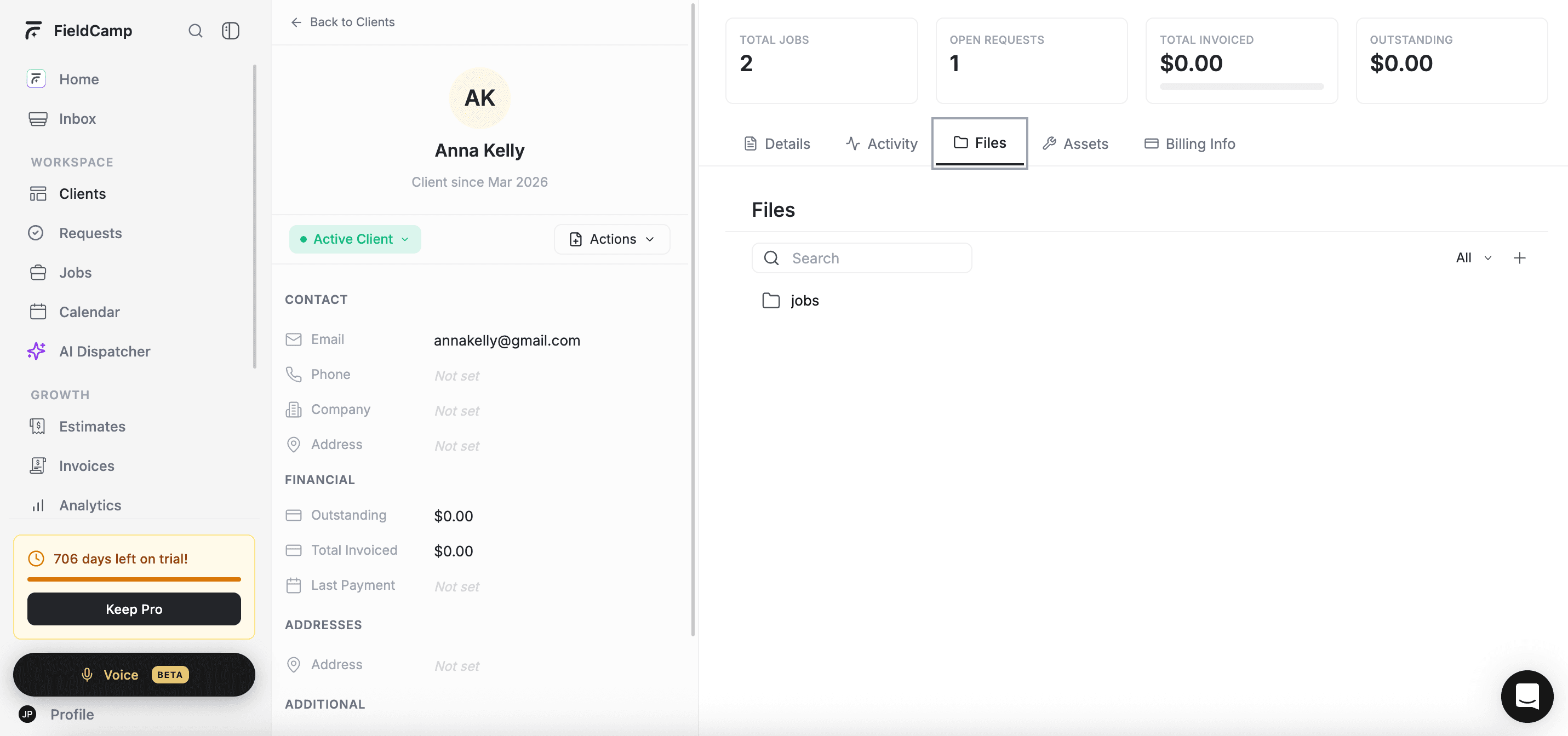 FieldCamp client Files tab showing uploaded files list with search bar and Upload file button