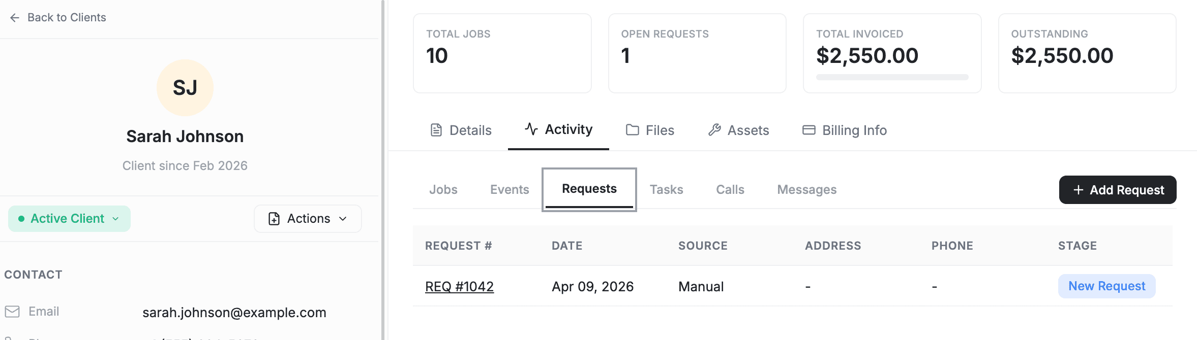 FieldCamp client detail page for Sarah Johnson showing the Requests tab with REQ #1042, columns for Request #, Date, Source, Address, Phone, and Stage