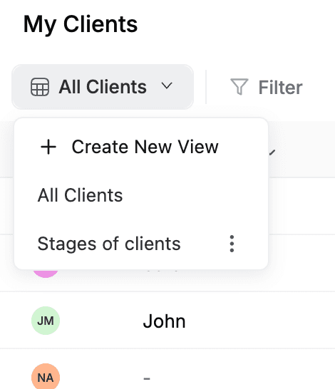FieldCamp ViewPicker dropdown showing All Records default, saved custom views with pin icons, and Create New View option