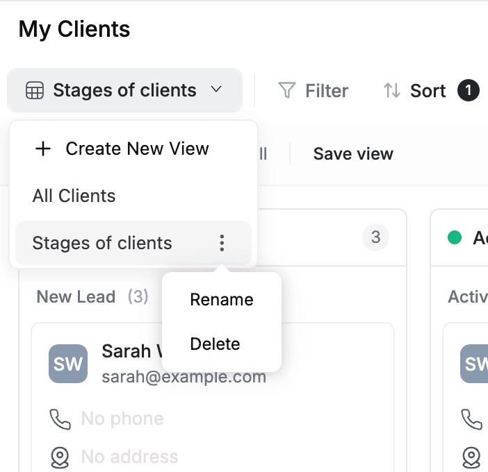 FieldCamp ViewPicker dropdown showing custom view with dropdown of Rename and Delete