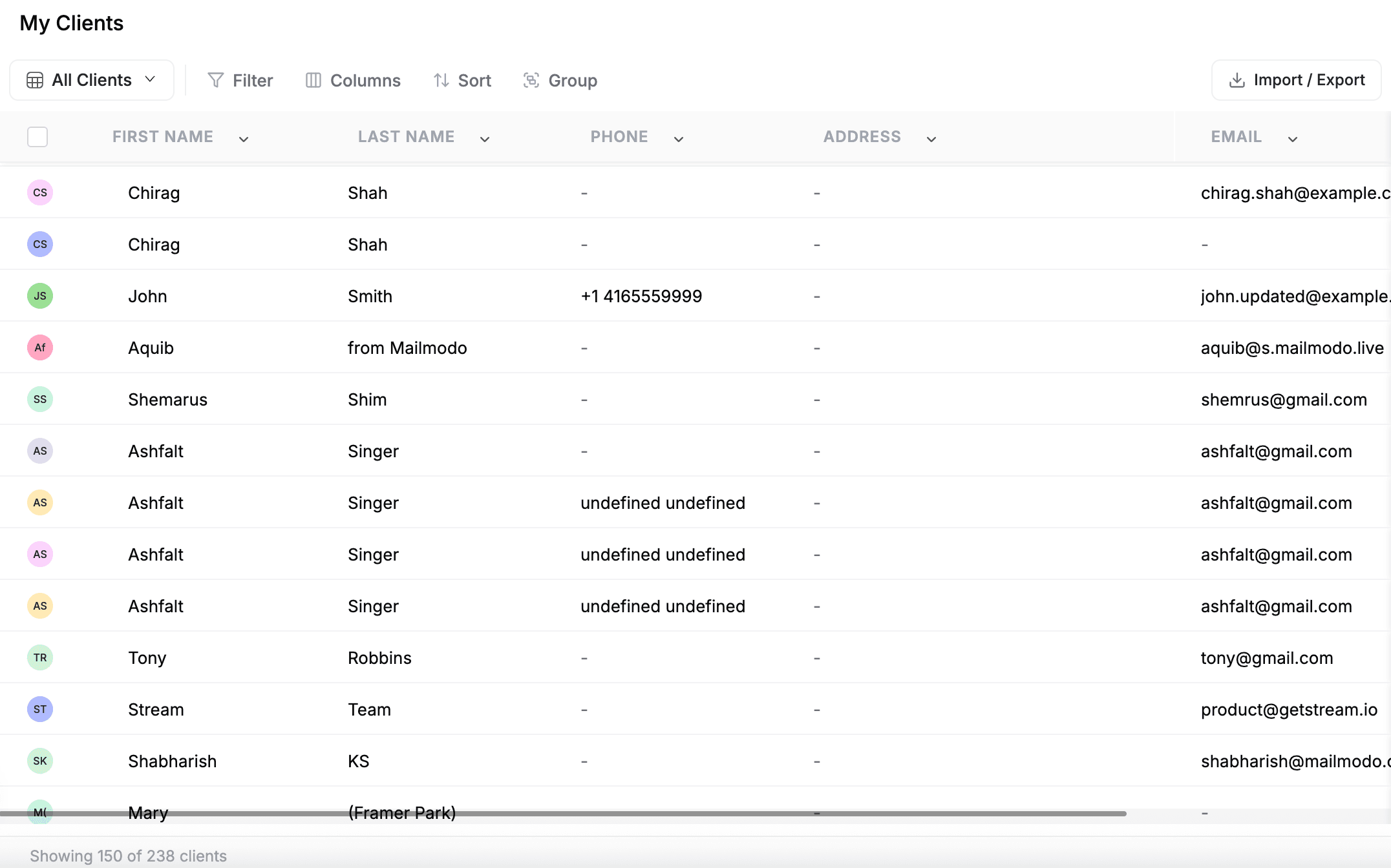 FieldCamp My Clients table view showing client list with first name, last name, phone, address, and email columns