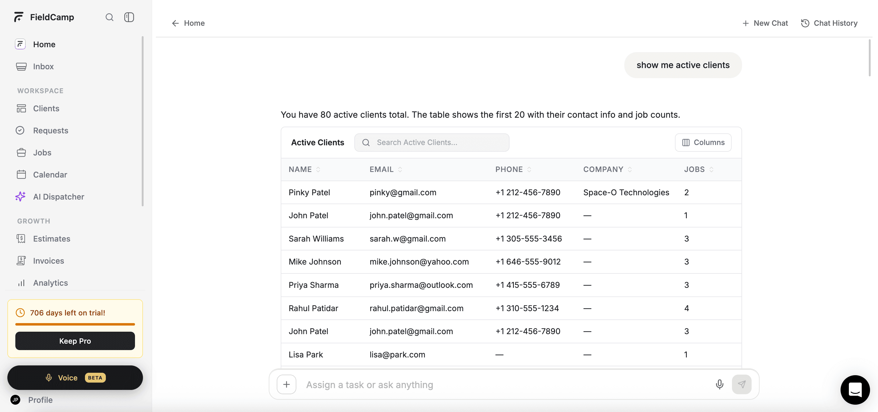 FieldCamp Command Centre open showing a client search query and results table