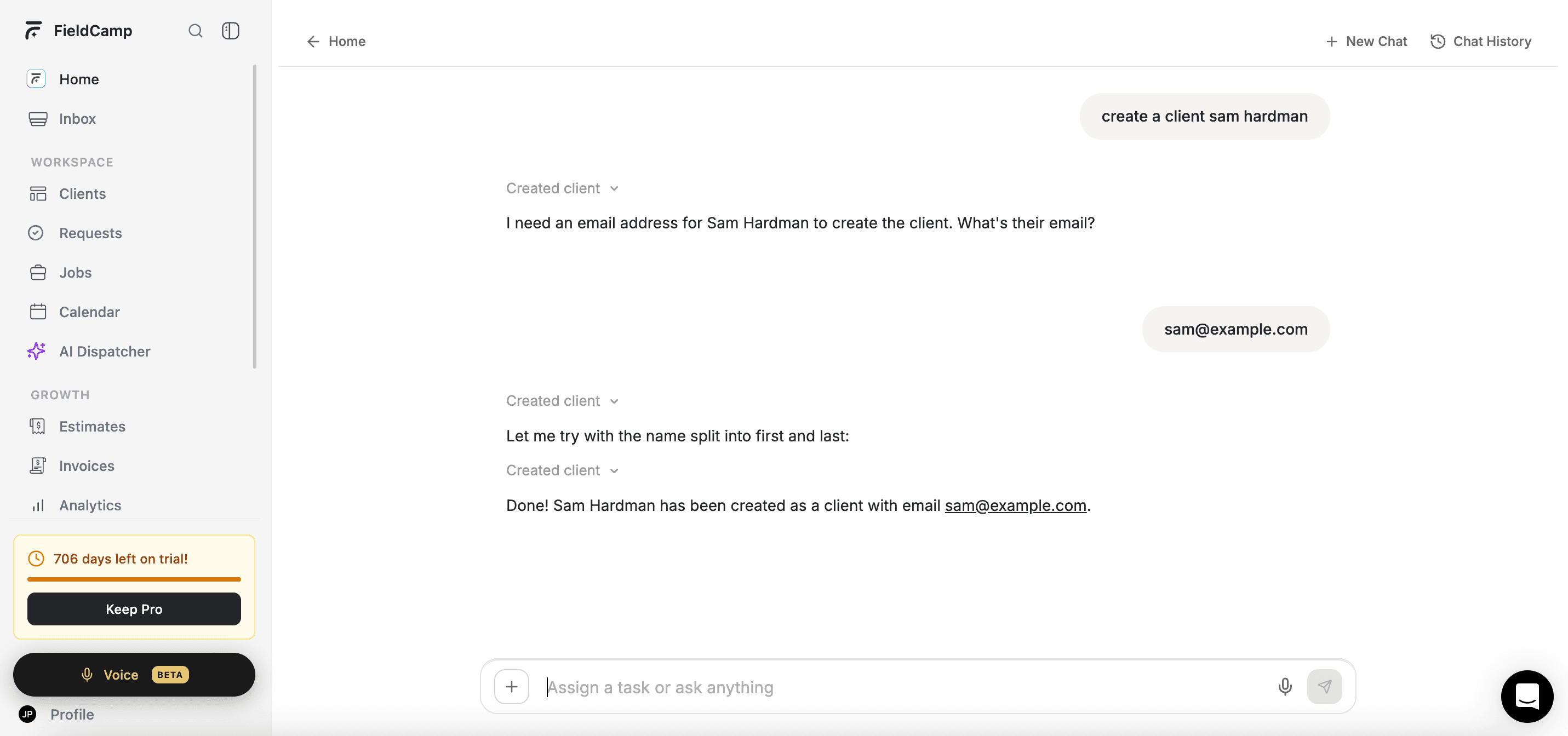 FieldCamp Command Centre showing a new client being created with AI confirmation message